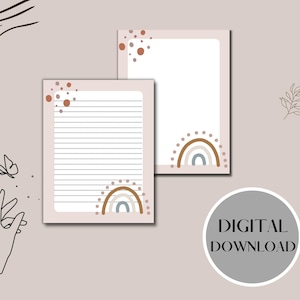 Papel estacionário para impressão Boho, pautado e sem forro, download digital instantâneo, arquivos PDF e JPG