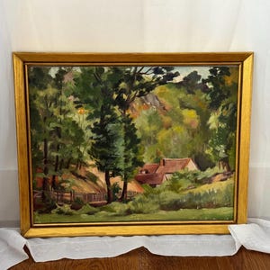 Vintage Midcentury French Countryside Cottage Landscape Framed Oil on Wood Painting