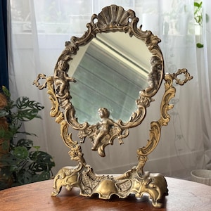Vintage Brass Vanity Mirror with Cherubs in  Rococo Style Tabletop Mirror