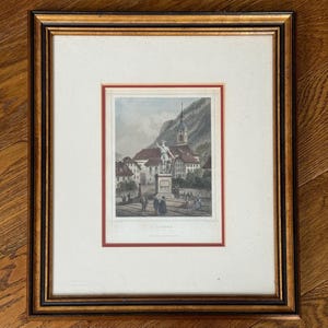 Antique Hand-Colored and Framed Lithograph Print of Altdorf, Switzerland circa 19th Century