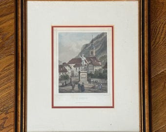 Litografía antigua coloreada a mano y enmarcada de Altdorf, Suiza, circa siglo XIX.
