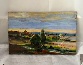 Vintage französische Landschaft Ölgemälde Panorama Rolling Hills Mid-Century Landschaft Art