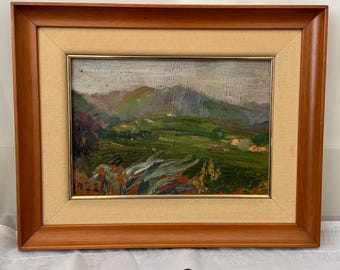 Pintura al óleo original sobre tabla de paisaje europeo impresionista francés enmarcado antiguo