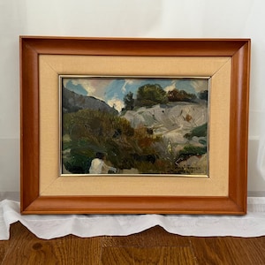 Antique Framed and Signed French Impressionist Landscape Oil on Panel Painting of a Plein Air Scene