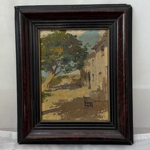 Antique 19th Century Rustic European Village Courtyard Scene Oil on Canvas Framed Original Painting