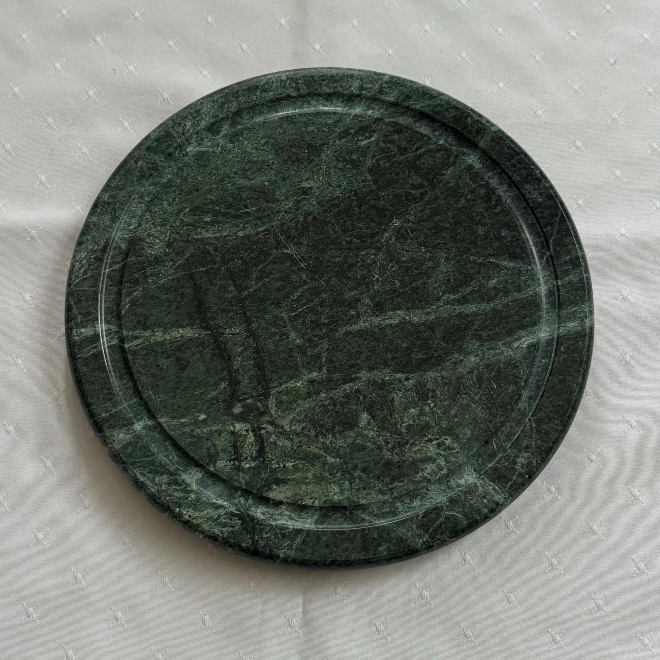 Vintage Dark Green Marble Circular Platter / Display Tray