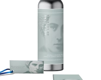 Fresh Lourdes Water with Prayer Booklet and Lourdes Apparition and Miraculous Lady Pin. 150 ml/5 fl oz