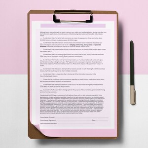 May include: Informed consent form for lash extensions. The form includes information about the procedure, potential risks, and client responsibilities. It also includes space for the client's signature and the lash extension specialist's signature and date.