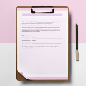 Puede incluir: Un formulario de consentimiento parental para servicios estéticos. El formulario incluye campos para la fecha, el nombre completo del padre o tutor legal, y las firmas del padre o tutor legal y la esteticista.