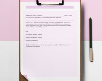 Parental Client Consent Form Editable Digital, Esthetician Client Intake Form, Esthetician Consult Form