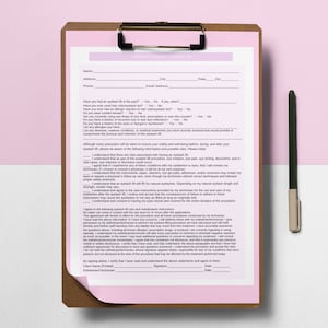 May include: Informed consent form for eyelash lift services. The form includes questions about medical history, allergies, and previous eyelash lift experiences. It also outlines the risks and benefits of the procedure, as well as care instructions for after the treatment.