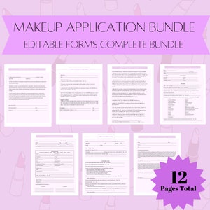 May include: A set of 12 printable makeup application forms. The forms are designed for makeup artists and include client intake, consultation, and service agreement forms. The forms are editable and can be customized to fit your needs.  The forms are in a pink and white color scheme with a lipstick design.