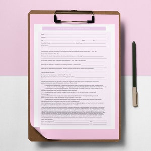 May include: A pink consent form for lash and brow tinting services. The form includes questions about medical history, allergies, and prior tinting experiences. It also includes a section for the client to sign and date.