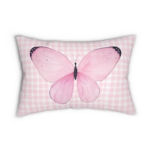 Throw Pillow Pink Butterfly Gingham Lumbar Pillow, Home Decor Accent Throw Cushion, Bedroom Decorative Pillow, So pretty!