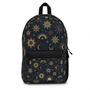 Backpack - Stars and moons cosmic backpack - black and gold - very unique.