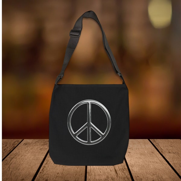 Bag Adjustable Tote Bag - Black tote with silver peace sign - Very cool and simple - zippered interior pocket - 2 sizes