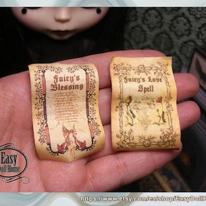 1:6 Printable two miniatures Magic Scrolls, FAIRYS love Spell & Blessing, for dollhouses, DIY, free easy tutorial, Gifs for Blythe, Barbie..