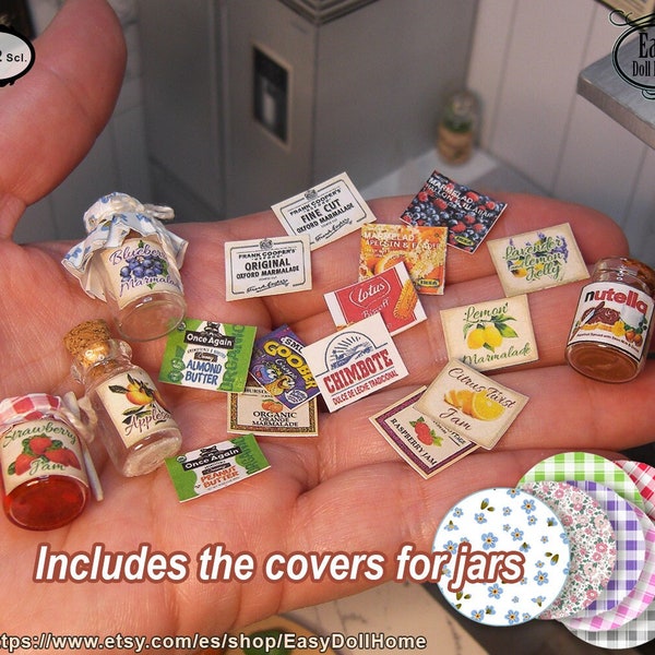 1:12 Miniatur-Etiketten und -Hüllen für Marmeladengläser, Gelees, Bio-Produkte, Kakao und Erdnussbutter
