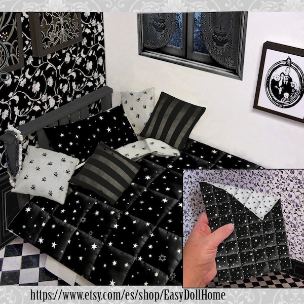 1:12 scale miniature quilt, two sides and two sizes, Gothic and dark tones style, Addams inspired, digital download, easy tutorial DIY.