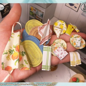 1:12 Kitchen Textile Set miniature, apron, plates, napkins, tea towels, placemats. PRINTABLE Digital Download, DIY with  a easy tutorial