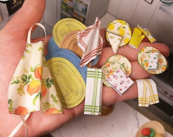 1:12 Kitchen Textile Set miniature, apron, plates, napkins, tea towels, placemats. PRINTABLE Digital Download, DIY with  a easy tutorial