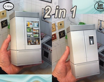 Miniature modern fridge, 2 options, representation of high-end appliance, luxury kitchen 1:12 scale, Printable DOWNLOAD, DIY tutorial