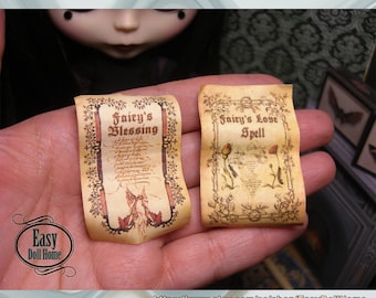 1:6 druckbare zwei Miniaturen Magic Schriftrollen, FAIRYS Liebeszauber & Segen, für Puppenhäuser, DIY, kostenlose einfach Anleitung, Gifs für Blythe, Barbie..