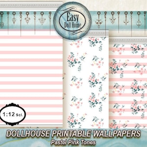 May include: Three printable dollhouse wallpaper designs in pastel pink tones. The designs include a pink and white striped pattern, a floral pattern with pink flowers and green leaves, and a combination of the two.