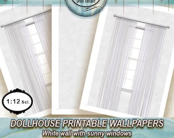 May include: Dollhouse printable wallpaper featuring a white wall with sunny windows. The image includes a circular logo with the text "Easy Doll Home" and the scale "1:12 scl."