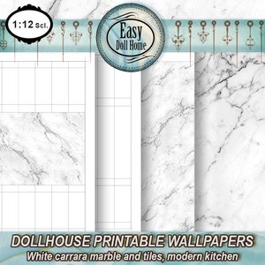 May include: Printable dollhouse wallpaper featuring a white Carrara marble pattern. The wallpaper is designed for a 1:12 scale dollhouse and is ideal for creating a modern kitchen.