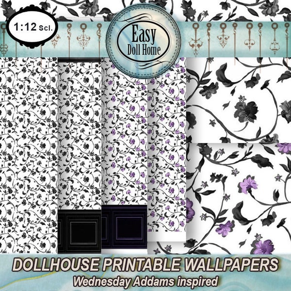 1:12 scale, 4 dollhouse wallpapers, Wednesday Addams inspired, modern dollhouse miniatures, Printable digital Download, Diy with tutorial