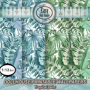 1:12 scale, 2 dollhouse wallpaper, blue and green tropical palms, modern dollhouse miniatures, Printable digital download, Diy with tutorial