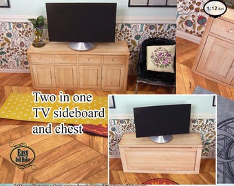 Miniature tv table and chest, for dollhouses, dioramas, roomboxes... 1:12 scale, Printable DOWNLOAD, DIY tutorial, furniture two in one.