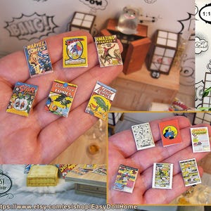 May include: A collection of miniature comic books, featuring titles like "Marvel Comics" and "Detective Comics." The comics are held in a hand, highlighting their small scale. The background shows a dollhouse interior with comic-themed wallpaper and furniture.