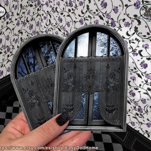 1:12 scale, dollhouse black windows, Wednesday Addams inspired, gothic style, modern miniatures, Printable digital download, DIY tutorial.