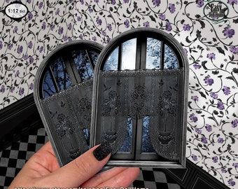 1:12 scale, dollhouse black windows, Wednesday Addams inspired, gothic style, modern miniatures, Printable digital download, DIY tutorial.