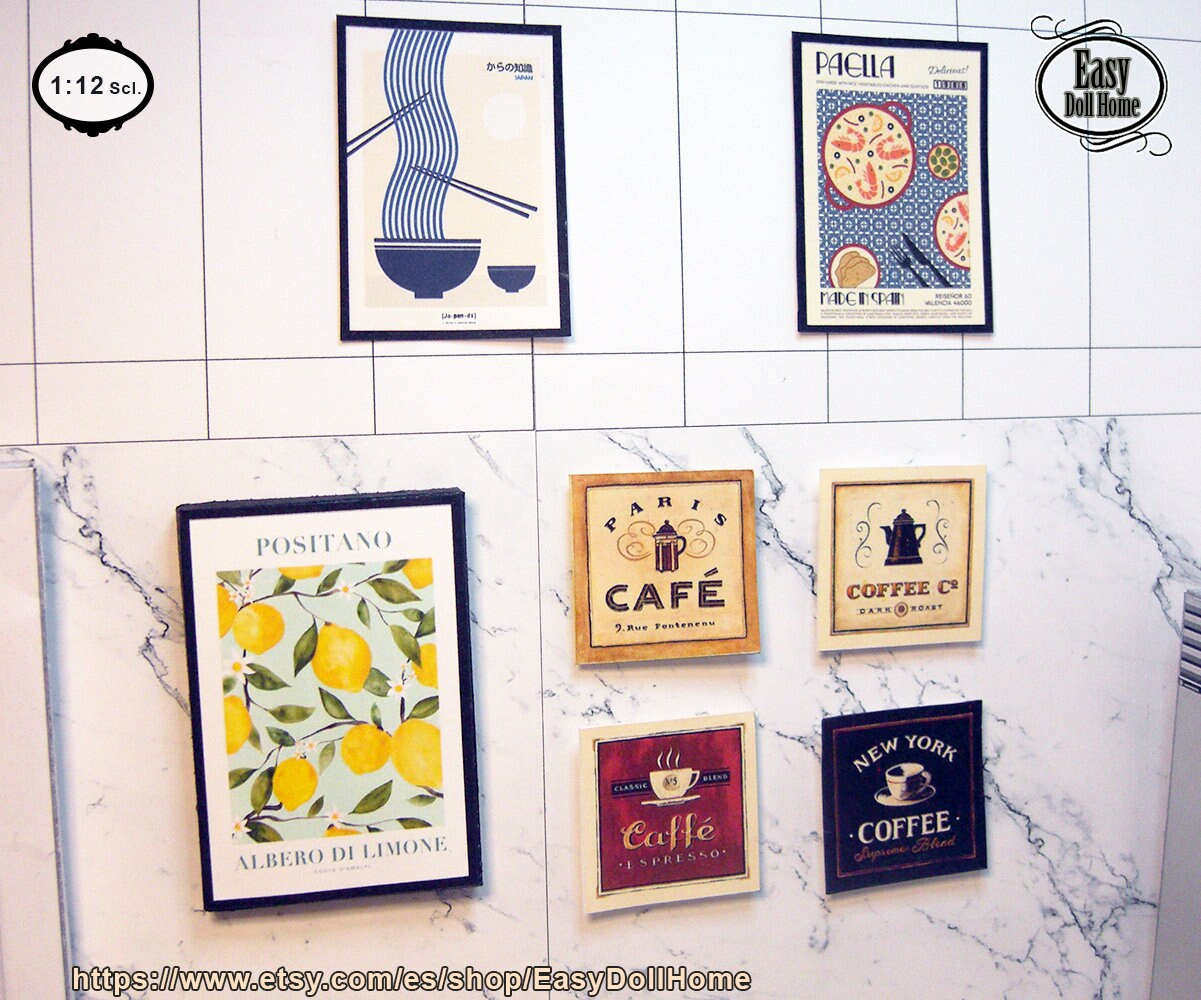 1:12 scale, 5 miniature kitchen pictures, the limons one have volumen, kitchen decoration, DIY printable, video tutorial.