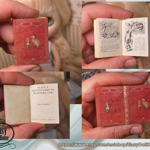May include: A miniature red book with gold accents, titled "Alice's Adventures in Wonderland" by Lewis Carroll. The book is open to reveal illustrations of Alice and the Dodo.