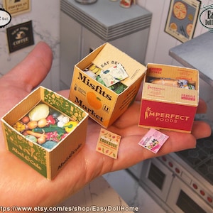 1:12 3 miniaturowe pudełka z produktami organicznymi, zawiera wnętrza i 3 arkusze promocyjne, autentyczne reprodukcje. DO DRUKU, samouczek DIY