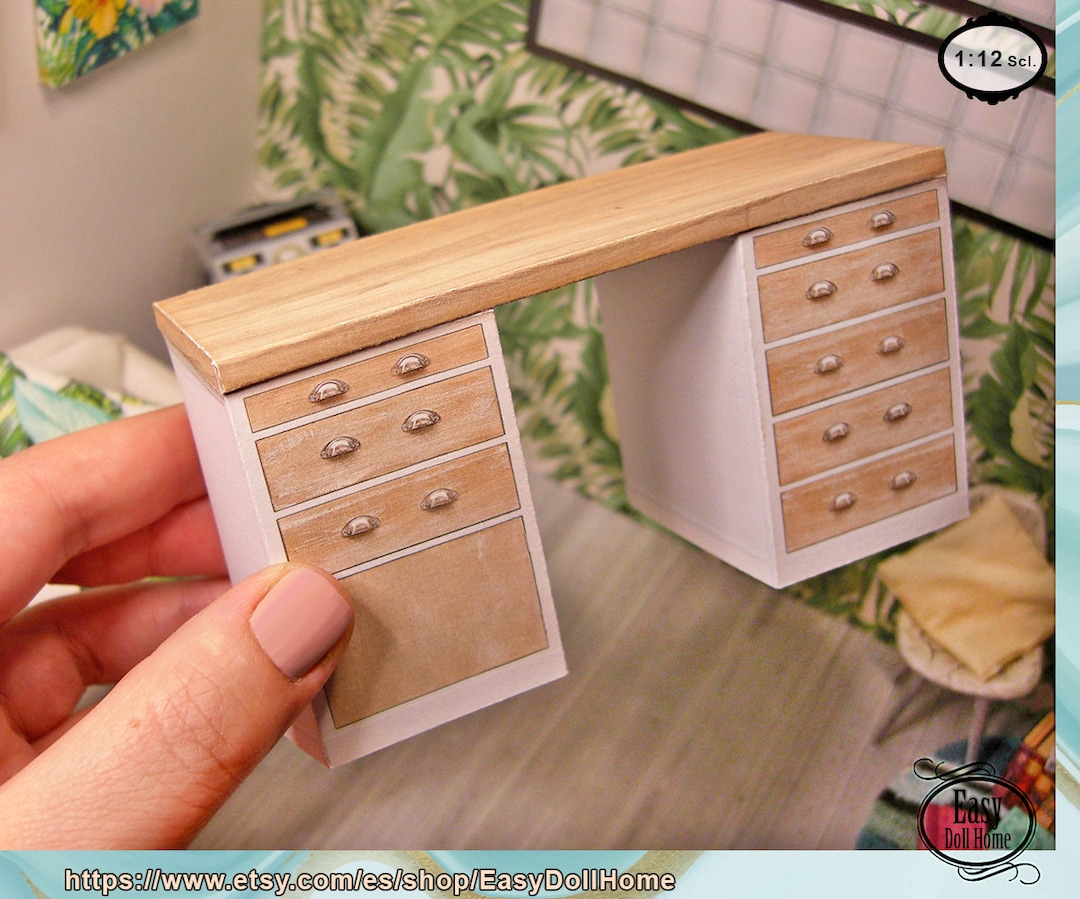 Miniature White and Wood Modern Desk, for Dollhouses, Dioramas