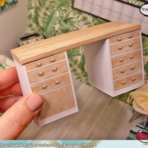 Miniature white and wood modern desk, for dollhouses, dioramas, roomboxes... in 1:12 scale, Printable DOWNLOAD, DIY easy tutorial