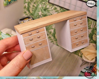 Miniature white and wood modern desk, for dollhouses, dioramas, roomboxes... in 1:12 scale, Printable DOWNLOAD, DIY easy tutorial