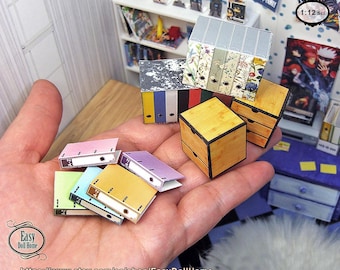 Juego de escritorio moderno para casa de muñecas / Cajas de bambú, carpeta de archivo de colores / Kit imprimible DIY a escala 1/12