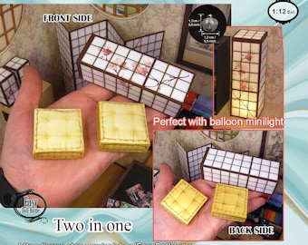 1:12 miniature Japan Set, with 2x1 shoji lamp and two 2x1 meditation cushions, for dollhouses, dioramas.. printable download, DIY papercraft