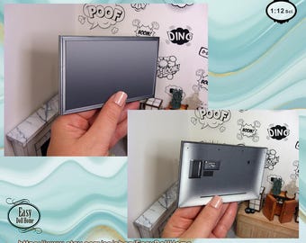 May include: Miniature gray television with a silver frame. The back of the TV has black details. The image includes the text "POOF", "BOOM!", "DING", and "Easy Doll Home".