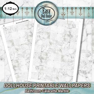 1:12 Scale Bathroom Dollhouse Wallpaper, White Calacatta Marble Tiles (Printable Download)
