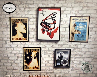 1:12 scale, 5 miniature pictures, the jazz poster have volumen, like a framed picture, for modern dollhouses, DIY printable, video tutorial.