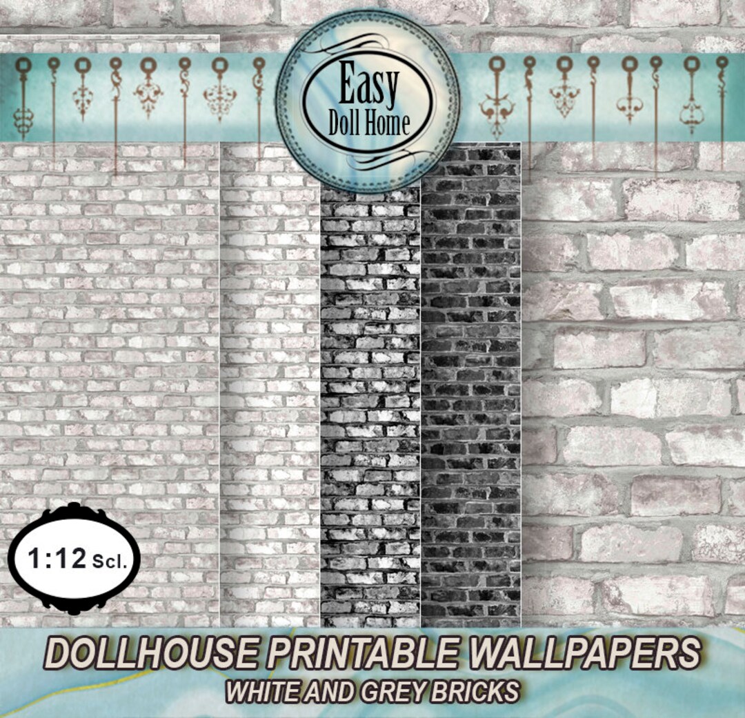 1:12 Scale, 2 Dollhouse Wallpaper, White and Grey Tones Bricks, Modern ...