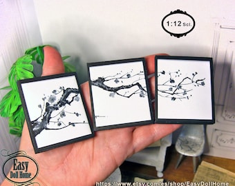 1:12 scale, 3 miniature framed paintings, modern dollhouses, DIY printable decor, free video tutorial, watercolor sakura tree