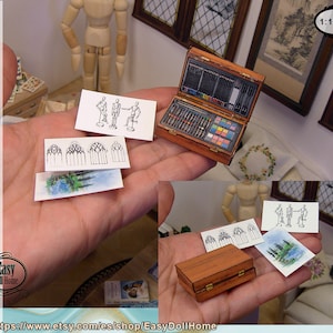 Zestaw do malowania miniatur w skali 1:12, z etui i arkuszami ze szkicami, domkami w miniaturze, dioramami... do pobrania w wersji cyfrowej, do samodzielnego wykonania, papierowe wyroby rękodzielnicze